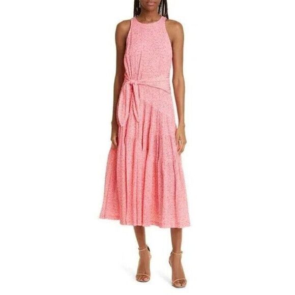 Cinq à Sept Womens Pink Lemonade Nelly Floral Tie Waist Tiered Midi Dress Sz 10 - Picture 1 of 7